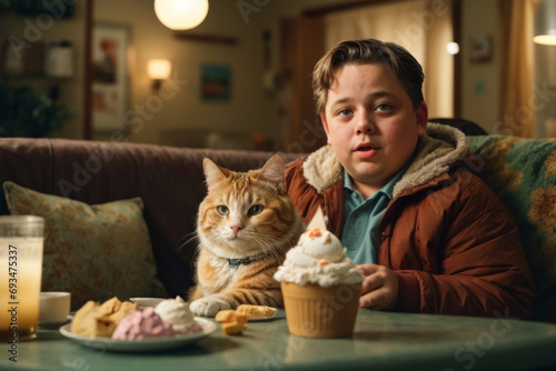 A fat kid who looks like Steve Buscemi is eating ice cream and watching a movie with his cat. the concept of the problem of childhood obesity photo