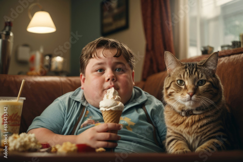 A fat kid who looks like Steve Buscemi is eating ice cream and watching a movie with his cat. the concept of the problem of childhood obesity