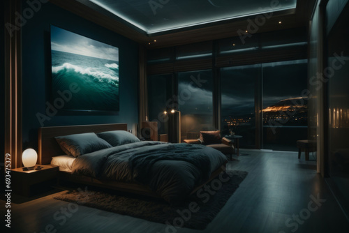 penthouse bedroom at night, dark gloomy, A room with a view of the city from the bed.