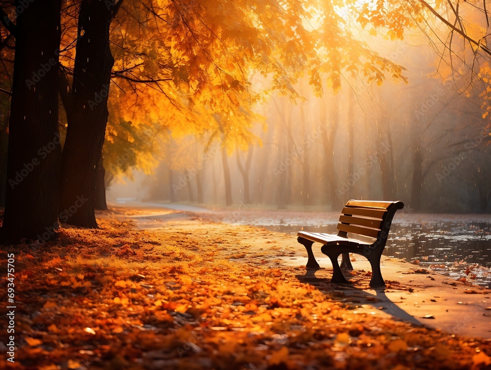 Wooden bench in the autumn park at sunset. Beautiful landscape.