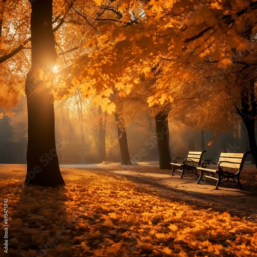 Bench in the park at sunrise. Autumn landscape with sunbeams