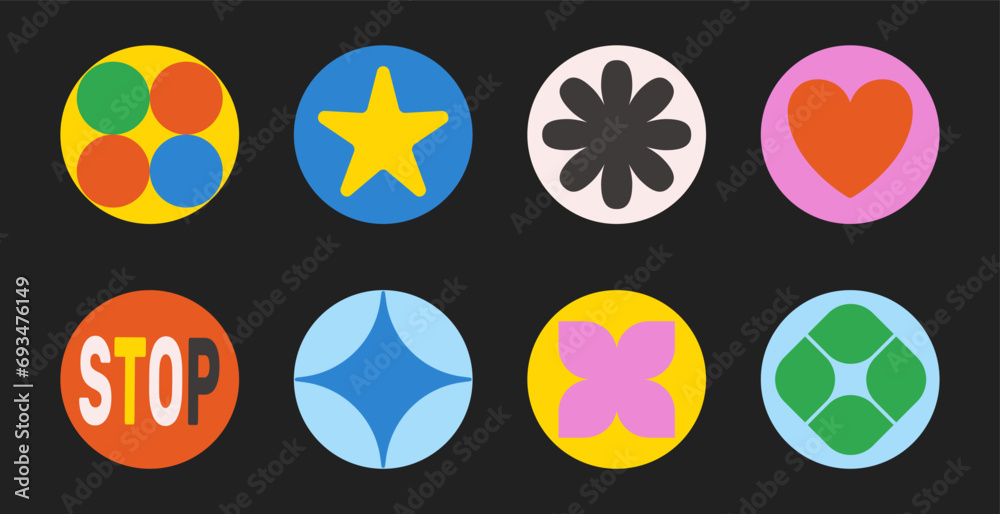 Collection of round retro stickers, y2k badges and labels with abstract colorful shapes. Vector illustration. Collection of round retro stickers, y2k badges and labels with abstract colorful shapes. Vector illustration.