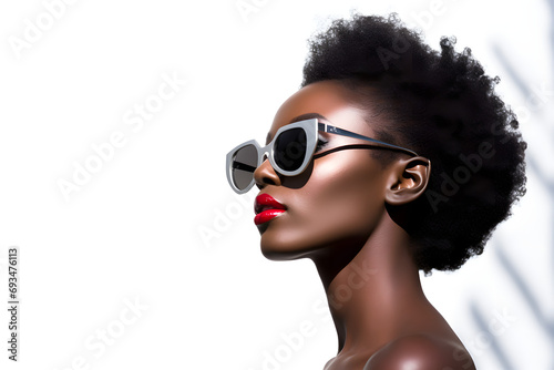 A strikingly stylish black female model exudes confidence and elegance, showcasing a captivating blend of contemporary fashion trends