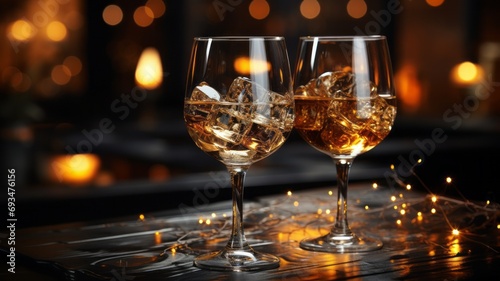 Festive background with two glasses of champagne on a dark background with beautiful highlights for special events. Beautiful bokeh effect. Mockup . Copy space
