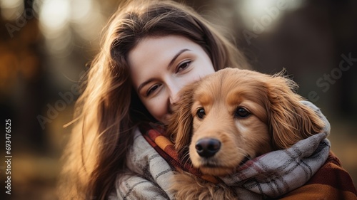 Portrait of a beautiful young woman hugging a dog on a blurred autumn background. Close-up. © Georgii