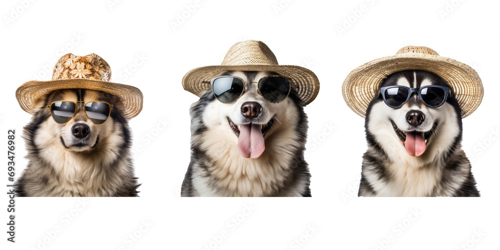 Alaska Malamute dog wearing glasses and straw hat for summer, summer travel concept isolated on white background
