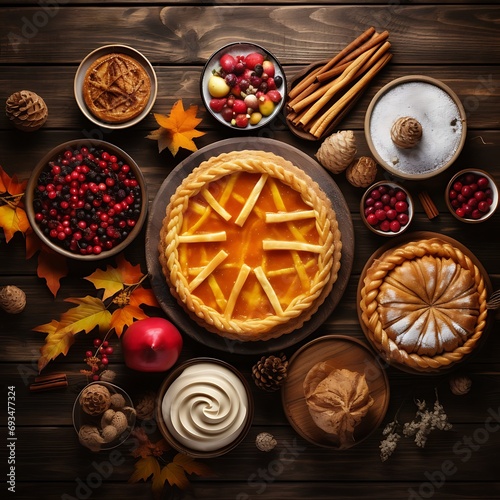 Top view of various autumn food on wooden background. Fall season concept.