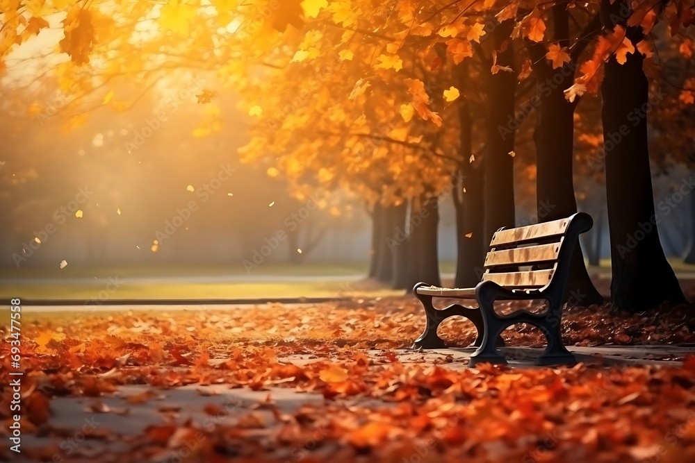 Bench in the park with autumn leaves on the ground. Autumn landscape.