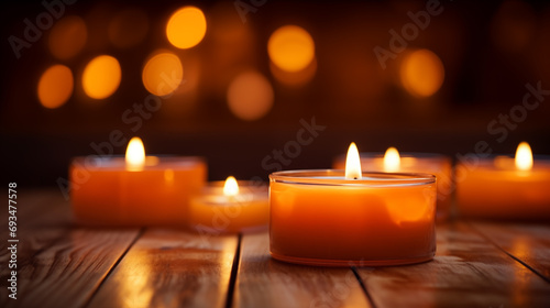 Burning candles on cozy wooden table 