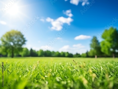 Green meadow with trees and blue sky with white clouds. Nature background