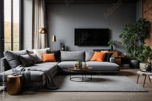 Full room view of Gray sofa and tv unit in loft interior design of modern living room © Bockthier