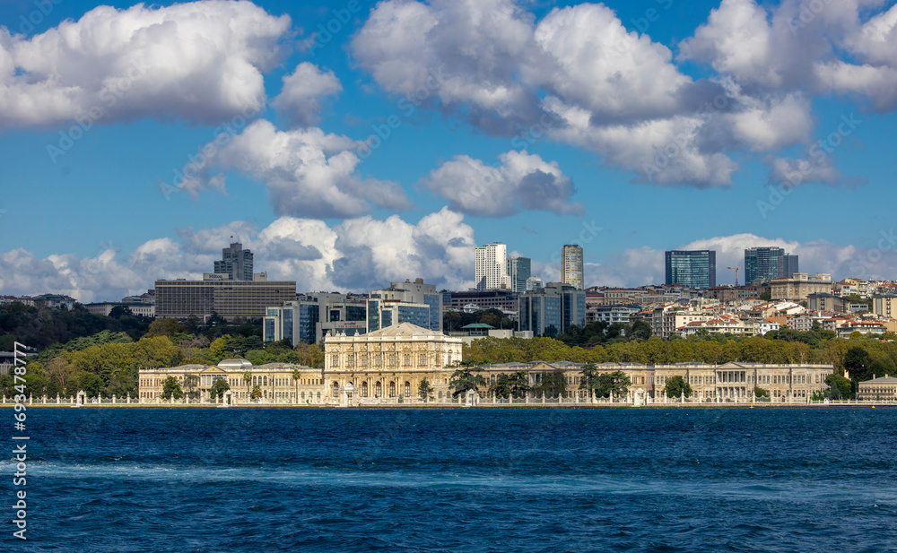 Istanbul, Turkey - 11.09.2023: Panoramic view of Bosphorus and European side of Istanbul. On the background is Dolmabahce palace. Constantinople. Istanbul. Turkey.