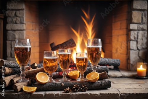 logs beverages near fireplace