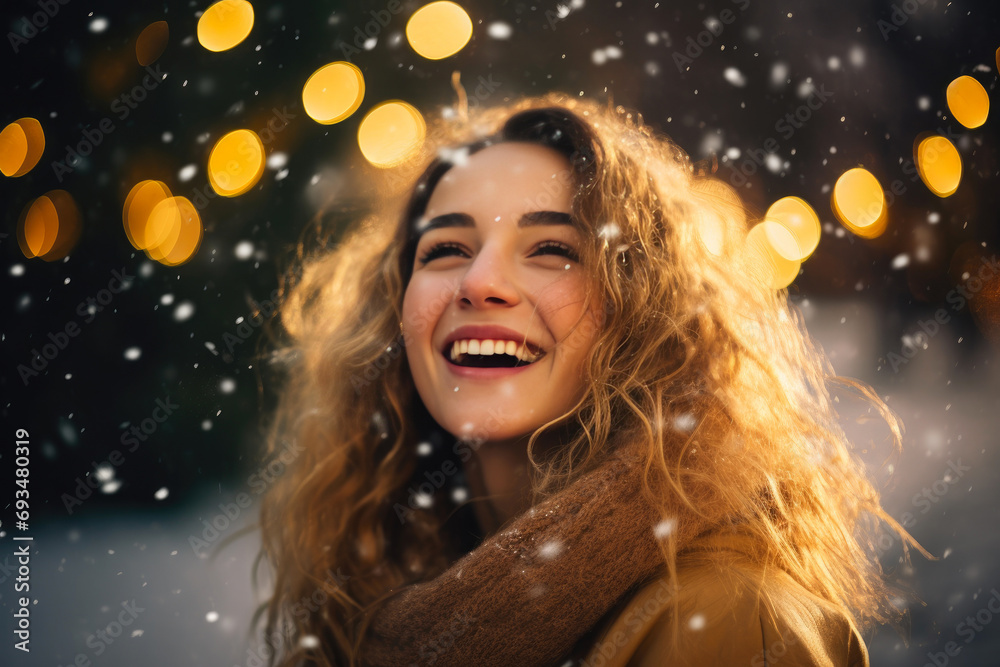 Cheerful Snowfall: Woman Embracing Christmas Joy