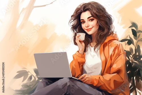 A smiling young woman in an orange hooded shirt enjoys morning coffee on her laptop while sitting at home on the couch. An attractive happy girl is typing on the computer, having fun online or