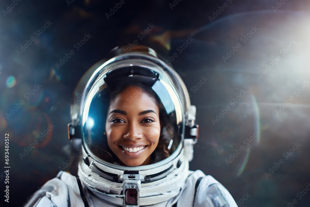 Young adult woman, multi ethnic, 20s 30s, female astronaut wearing astronaut suit with helmet and glass visor Young adult woman, multi ethnic, 20s 30s, female astronaut wearing astronaut suit with helmet and glass visor