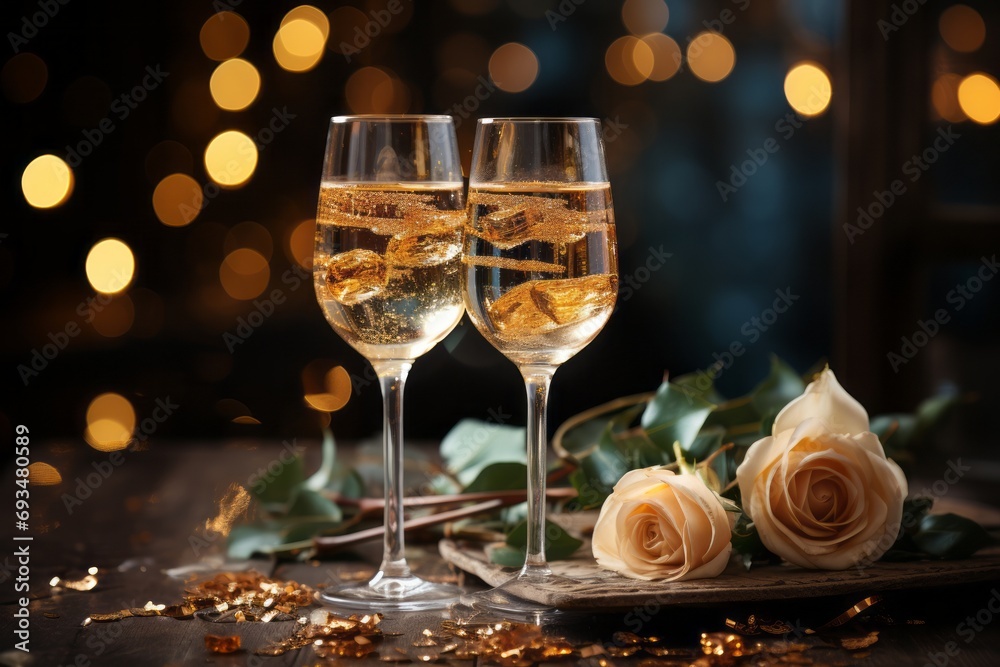 Two champagne glasses for special occasions on a dark background with golden highlights and a beautiful bokeh effect. Two champagne glasses on a dark background on a table with a rose. Mockup