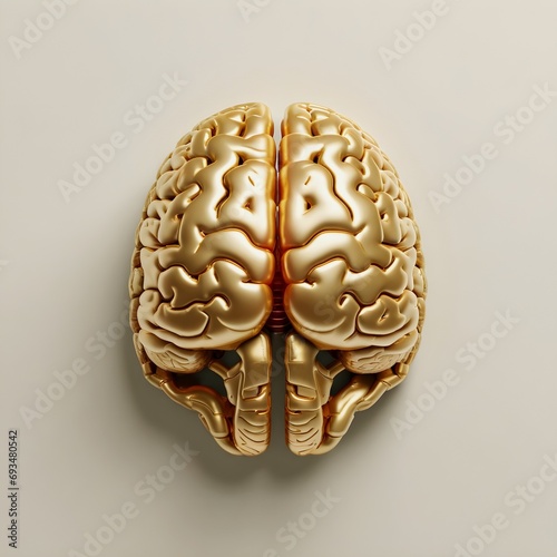 Golden human brain lying flat on a light background