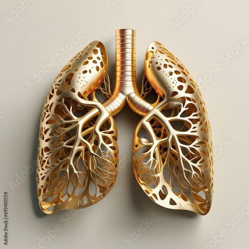 Golden human lungs lying flat on a light background