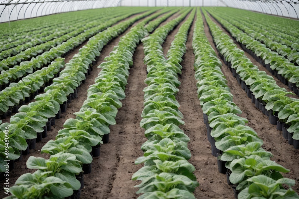 long shot greenhouse plant rows