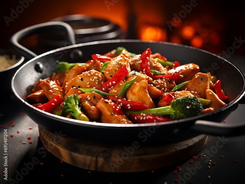 Stir-fried chicken with vegetables and sesame seeds on black background