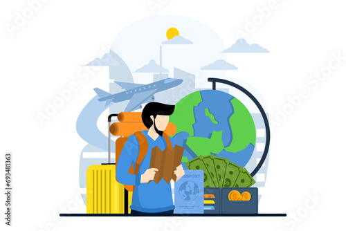 tour concept. The character will take a tour with a map. Cartoon characters planning trips, trips and tourist vacations. tourist equipment near giant map with routes, flat vector illustration.