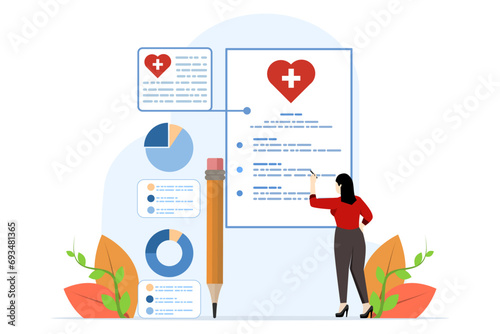Health insurance concept explained through attractive visuals of co-pay, coverage, and deductible themes, featuring characters interacting with financial elements, flat vector illustration. photo
