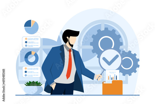 Audit process in business, Professionals evaluate financial records, Internal audit, third party verification, clear reports, Integrity, accuracy, transparency in finance, Flat vector illustration.