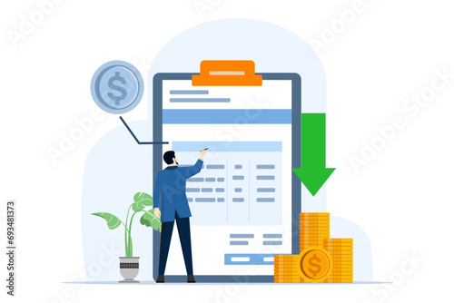 Business Optimization Concept, Professionals navigate financial growth, Cost reduction, simplified processes and increased profitability, Strategy in action, Flat vector illustration on background.
