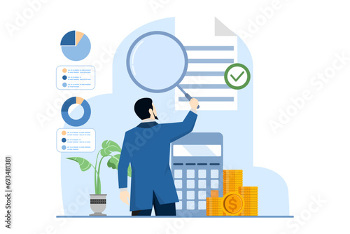 Audit process in business, Professionals evaluate financial records, Internal audit, third party verification, clear reports, Integrity, accuracy, transparency in finance, Flat vector illustration.