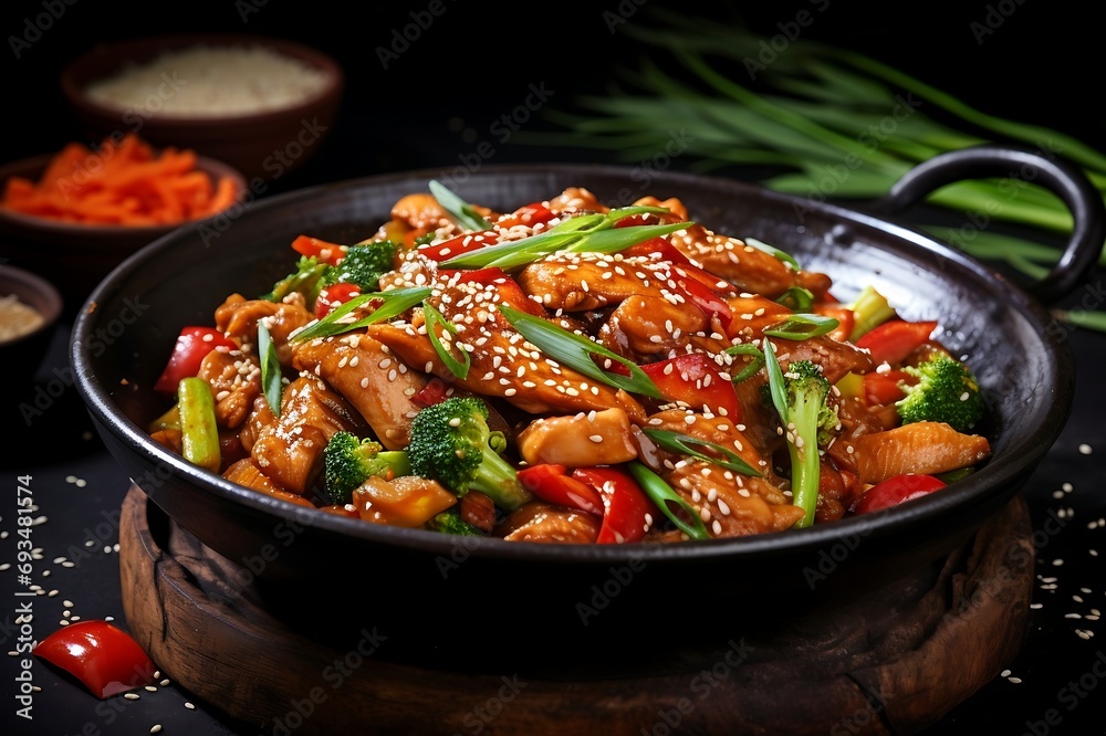 stir-fried chicken with vegetables and sesame on wooden background stir-fried chicken with vegetables and sesame on wooden background