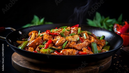 stir-fried chicken with vegetables and sesame on wooden background