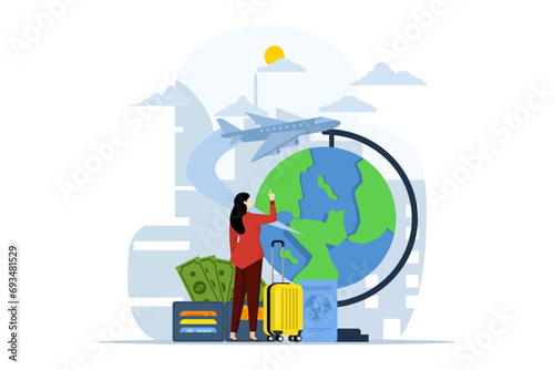 tour concept. The character will take a tour with a map. Cartoon characters planning trips, trips and tourist vacations. tourist equipment near giant map with routes, flat vector illustration.
