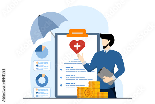 Health insurance concept explained through attractive visuals of co-pay, coverage, and deductible themes, featuring characters interacting with financial elements, flat vector illustration.