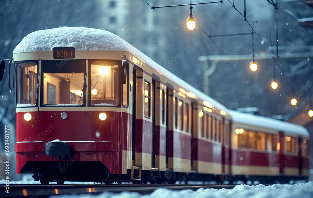 a snow covered train in the city in the snowy wintery weather created with Generative AI technology