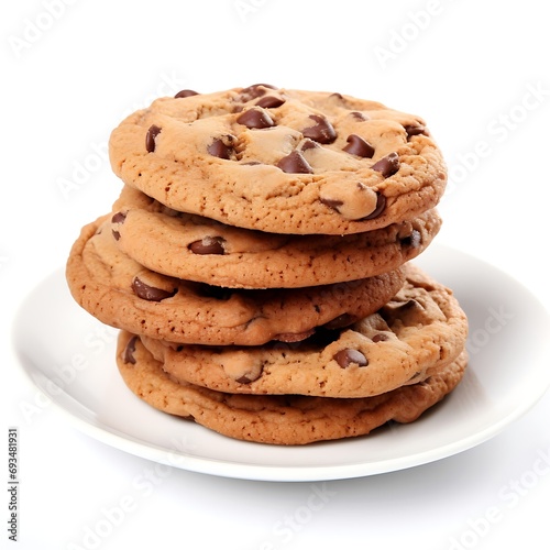 Chocolate chip cookies on a plate isolated on white background with clipping path