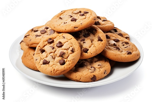 Chocolate chip cookies on a plate isolated on white background with clipping path
