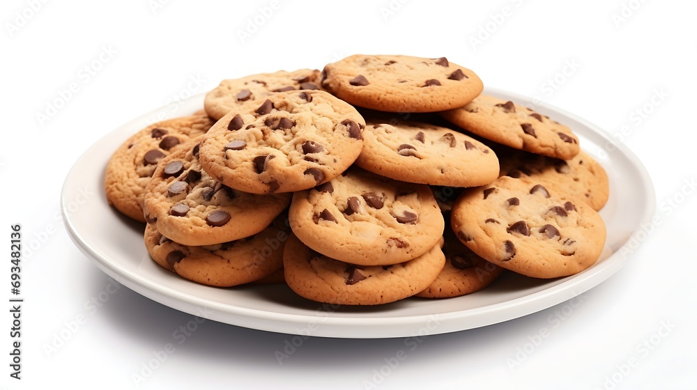 Chocolate chip cookies on plate isolated on white background with clipping path