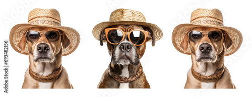 Dogo dog wearing glasses and straw hat for summer, summer travel concept isolated on white background