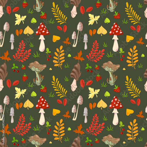 dark seamless hand-drawn pattern with strange mushrooms