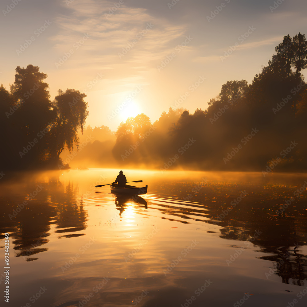 A lone rower on a tranquil river during the golden hour