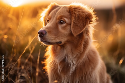 A large dog lies in the grass and looks at the camera in a meadow in the rays of the setting sun against the background of autumn trees. Walking with pets .