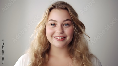 Portrait of a fat smiling white female against white background, background image, generative AI