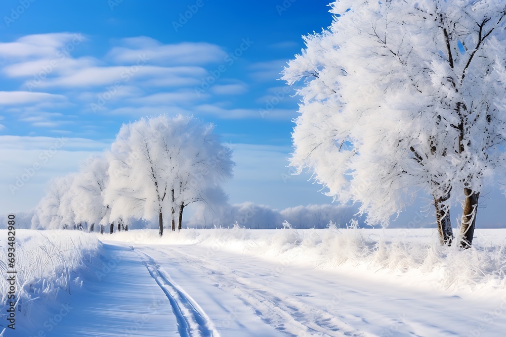 Obraz premium Winter rural landscape with road and trees covered with hoarfrost.