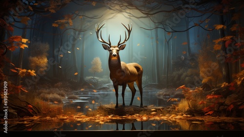 A colorful digital painting of a deer in the forest AI Photo photo