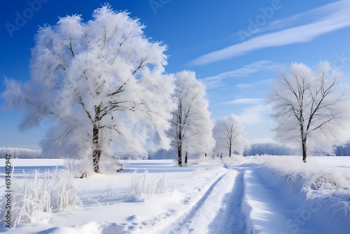 Beautiful winter landscape with road and trees covered with hoarfrost