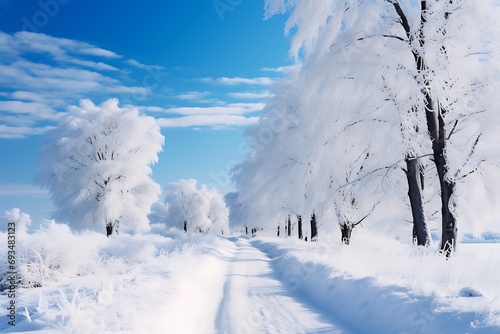 Winter landscape with trees in hoarfrost, road and blue sky