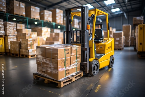 Forklift loader in warehouse cargo freight transportation and distribution warehouse. photo