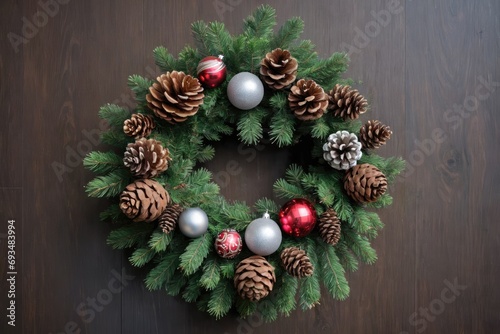 pine cone christmas tree decorated with wreath balls