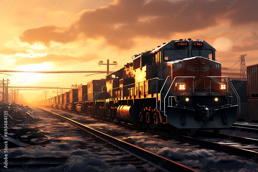 Railway and freight train at sunset, transportation and logistics concept. - obrazy, fototapety, plakaty 